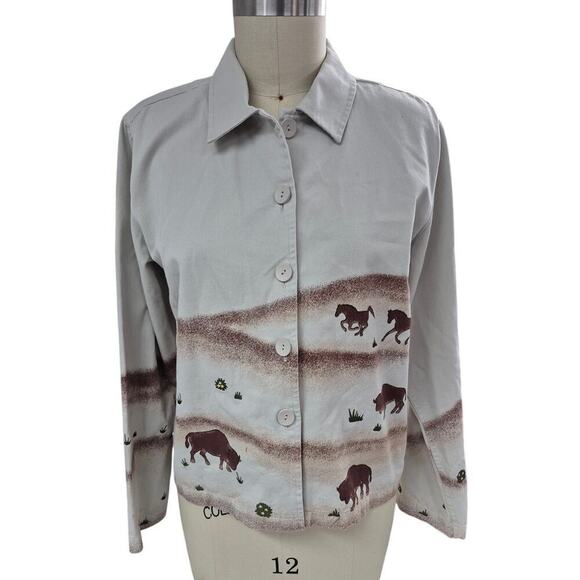 Y2K 2002 Christopher & Banks Khaki Jacket Plains Themed Horse/Buffalo Women  L - Picture 1 of 5